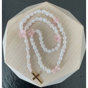 Hand Rosary Girl Pink White Beads Goldtone Cross